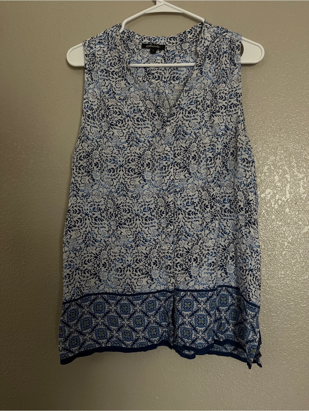 Soiree Sleeveless Blue & White Printed V-Neck Camisole